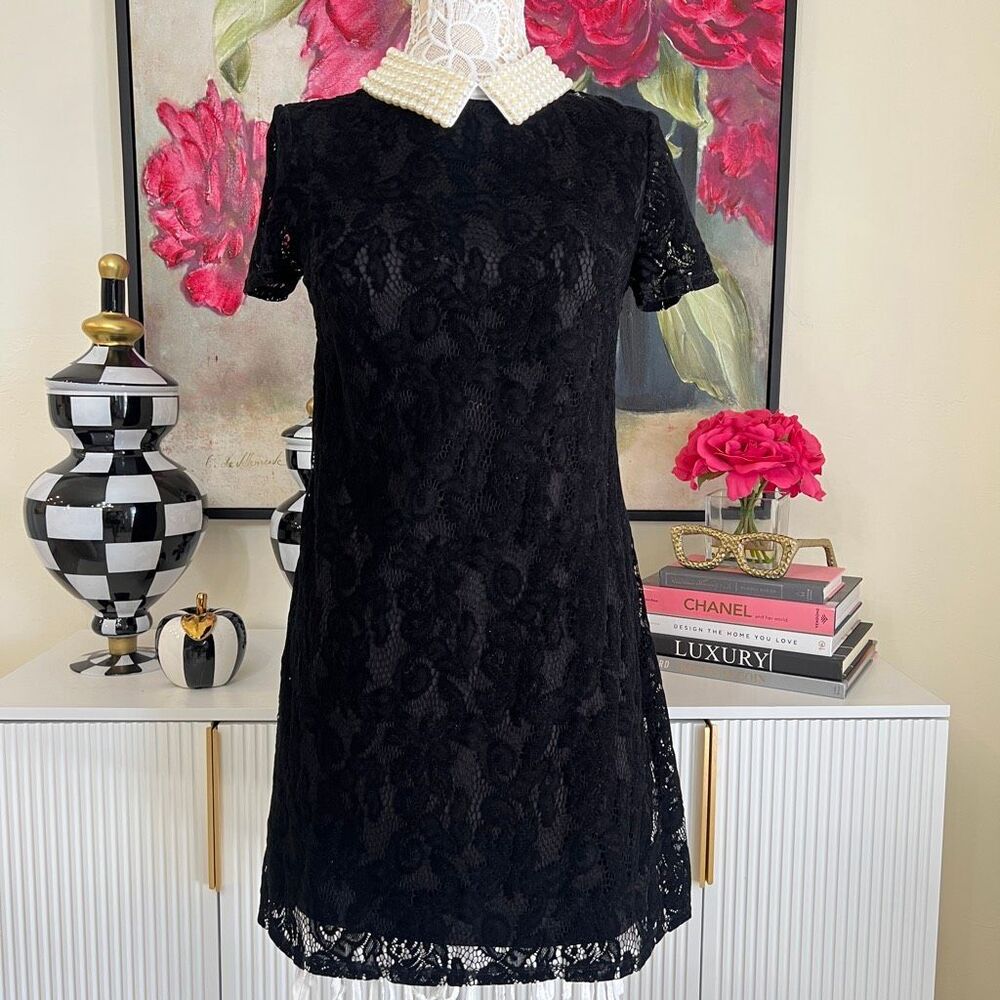 Betsey Johnson Women's Lace Overlay Faux Pearl Collar A-line Dress Black Size 4